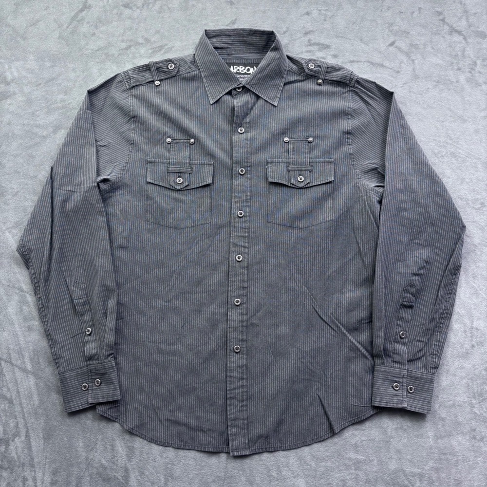Carbon Mens Pinstripe Button Down Shirt Gray Military Epaulets Medium